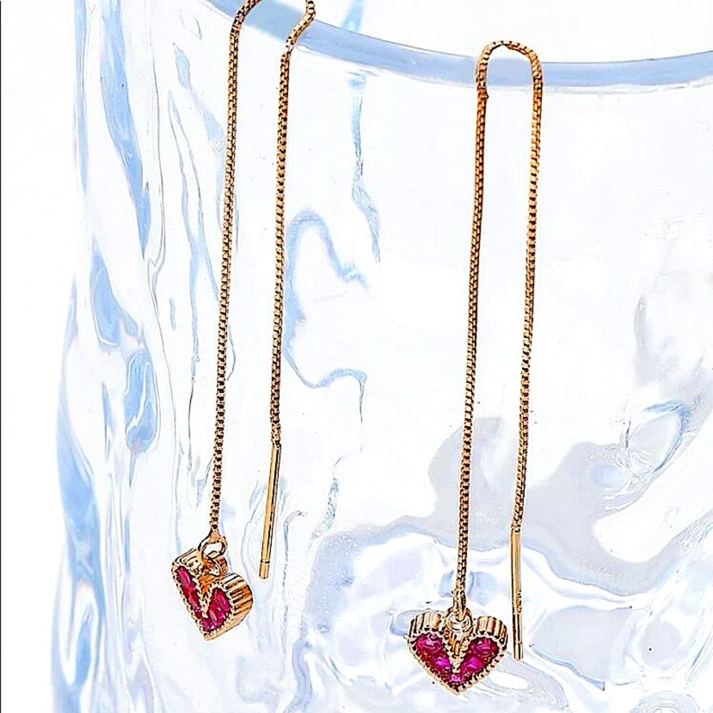 ROSE GOLD HEART ZIRCON THREADER EARRINGS